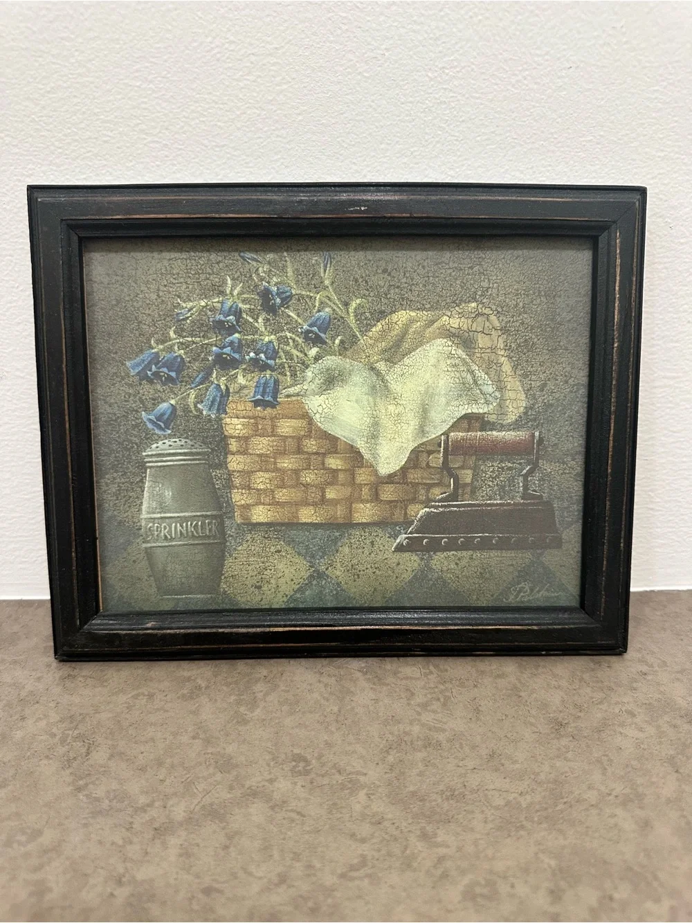 Vintage Framed Still Life Rustic Floral Basket Wall Art Flat Iron 9.5 x 7.5 inch